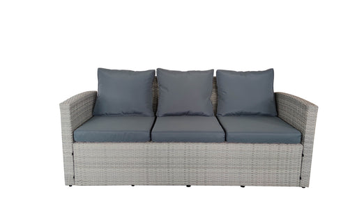 an image of the light grey rattan sofa with dark grey cushions