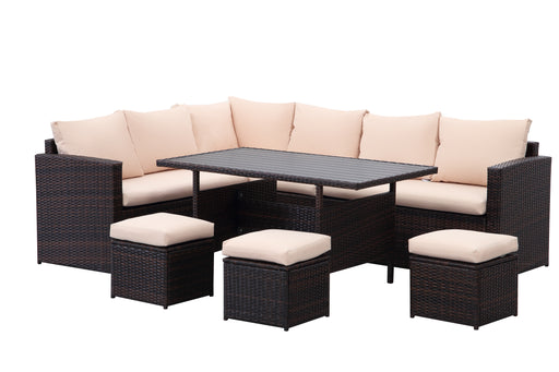 Ramoche's 7 piece rattan outdoor dining set in with a brown rattan base and beige cushions