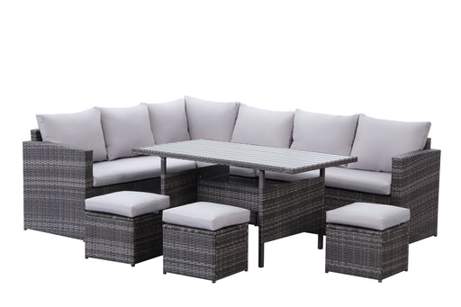 Ramoche's 7 piece rattan outdoor dining set in with a dark grey rattan base and light grey cushions