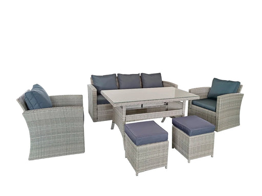 Ramoche's 6 piece rattan garden dining set in grey on a plain background