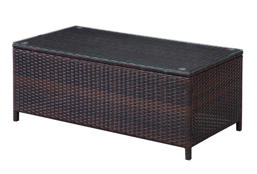 a close up view of the rattan coffee table with tempered glass top