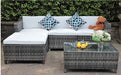 a lifestyle image of the grey rattan corner sofa and coffee table set in a garden